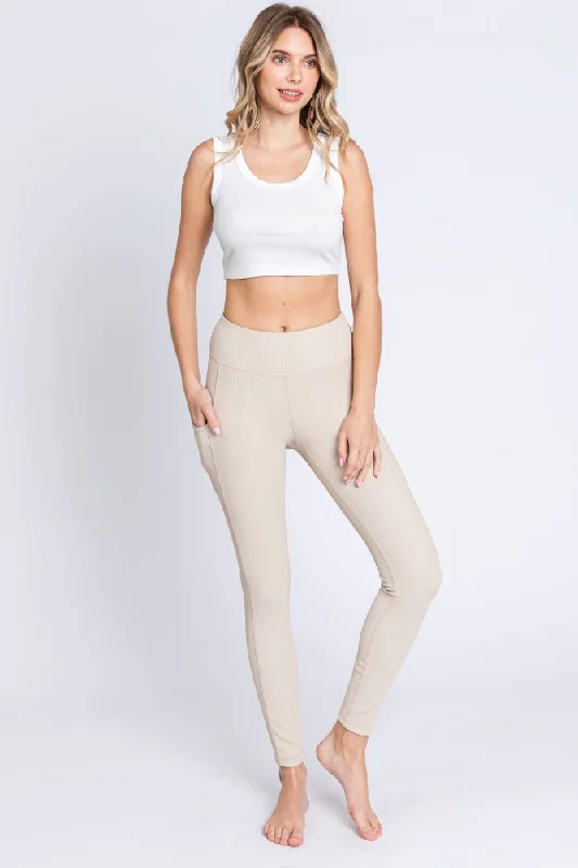 Cool Layers Beige Ribbed Active Leggings
