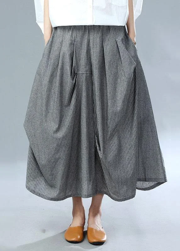 Functional Fashion Classy Grey Cinched Wrinkled Pockets Fall Striped Skirt