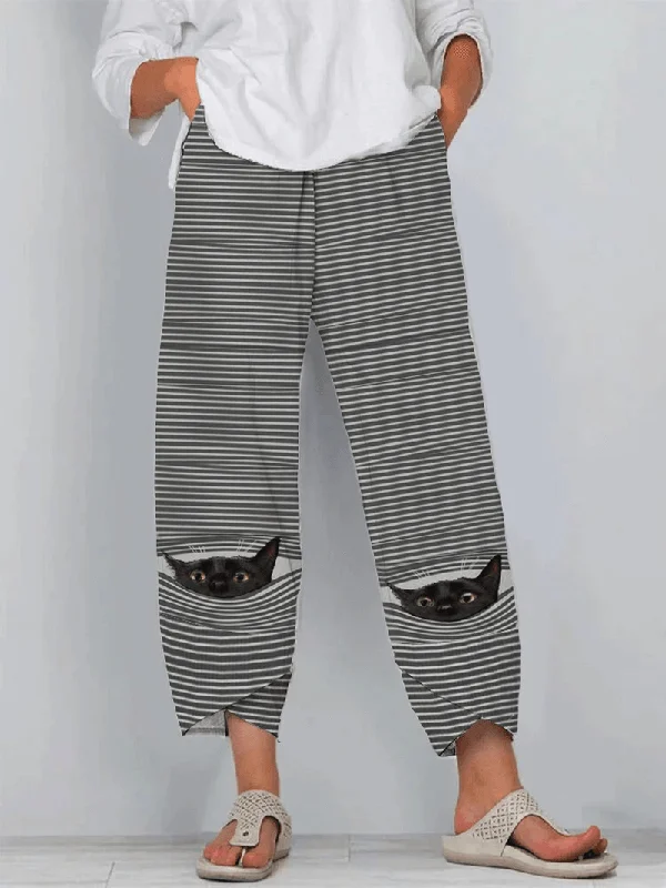 Modern Apparel Women Cute Cat Pinstripe Print Casual Elastic Waist Pants with Pocket