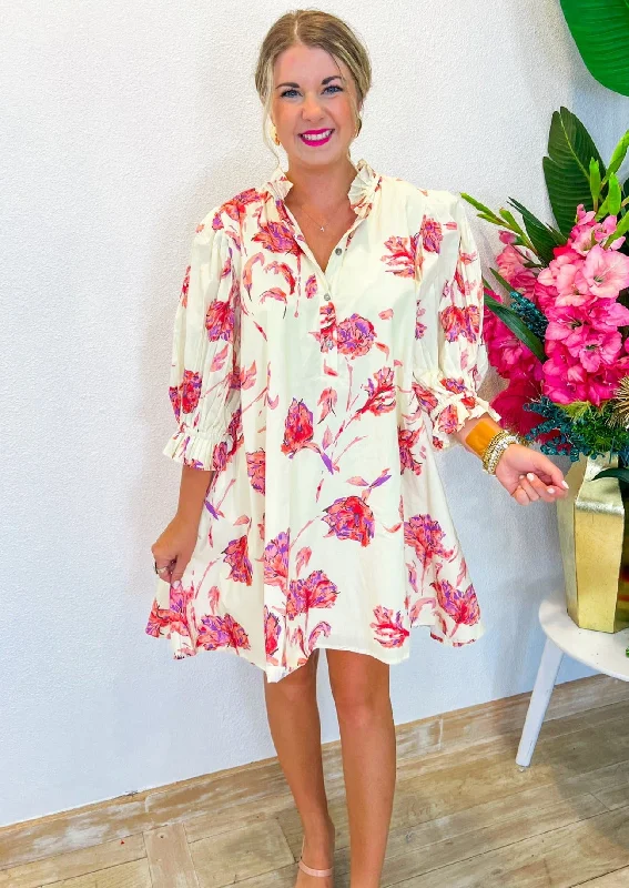 Everyday Fashion Falling Flowers Mini Dress - Cream