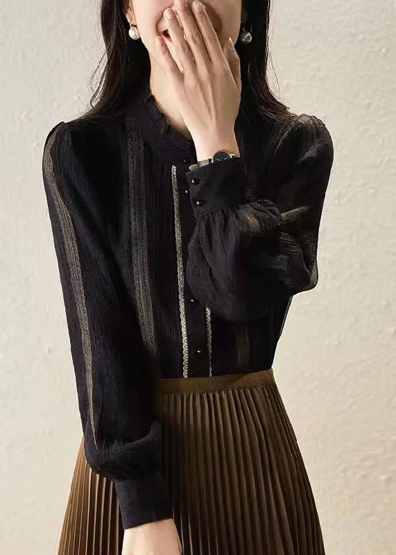 Romantic Skirt Style Fine Black Stand Collar Button Ruffled Patchwork Chiffon Tops Long Sleeve Romantic Skirt Style Fine Black Stand Collar Button Ruffled Patchwork Chiffon Tops Long Sleeve