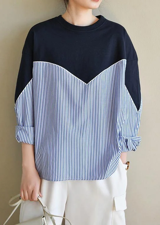 Stylish Wear Fitted Navy Patchwork Striped Long sleeve Spring Blouses