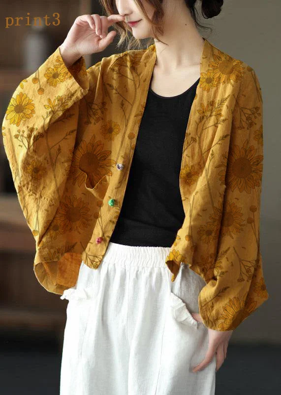Affordable Chic Fine Yellow-Yellow flower Bat wing Sleeve Pockets Coat Short
