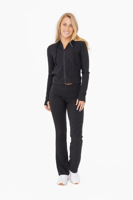 Fashion Comfort Black Ribbed Foldover Flared Pants