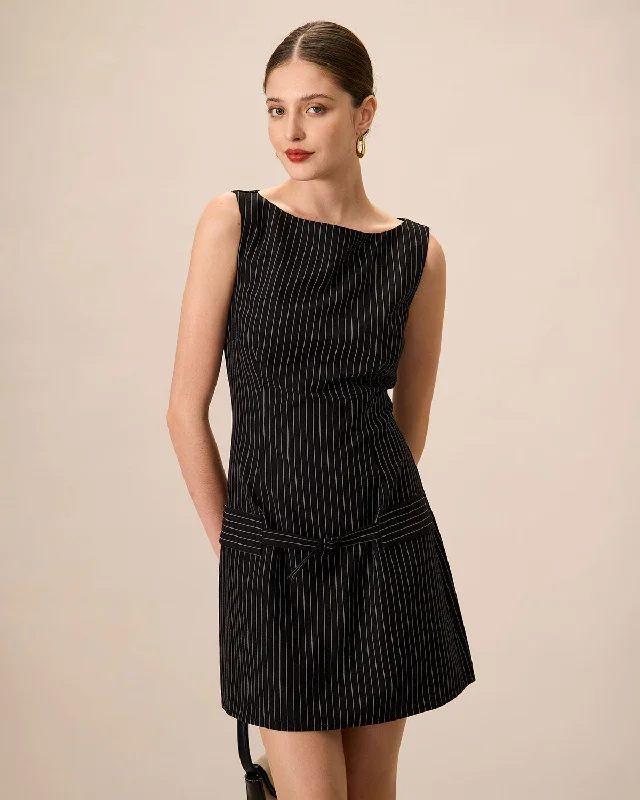 Cozy Comfort Women's Black Boat Neck Striped Mini Dress