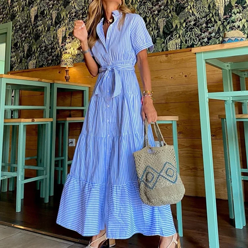 Personalized Heterogeneous Splicing Elegant Striped Short Sleeves Women Long Dresses