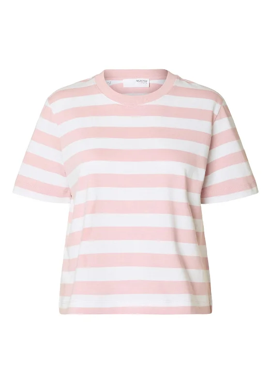 Trendy Vibes Selected Femme Essential Striped Boxy T Shirt, Pink and White