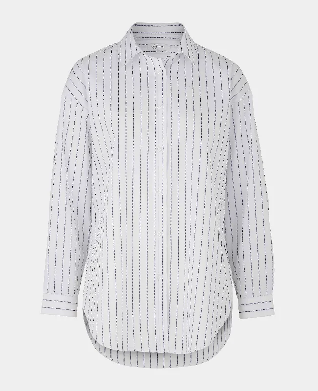 Personalized Three-Dimensional Design White Blue Stripe Boyfriend Fit Women's Shirt