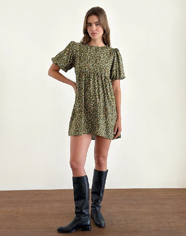 Trendy Clothing Marate Puff Sleeve Mini Dress in Grunge Floral Khaki