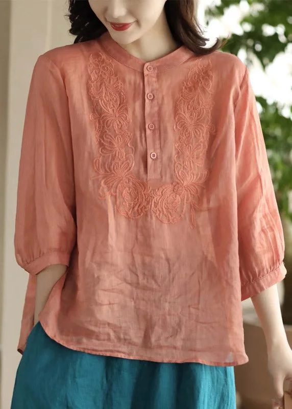 Relaxed Fit Women Orange Stand Collar Embroideried Floral Shirt Long Sleeve