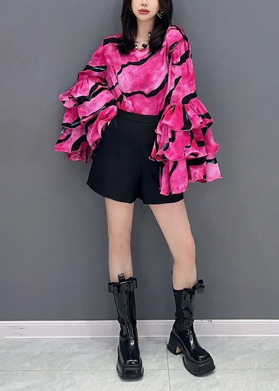 Luxurious Comfort Stylish Rose O Neck Ruffled Patchwork Cotton Top Summer