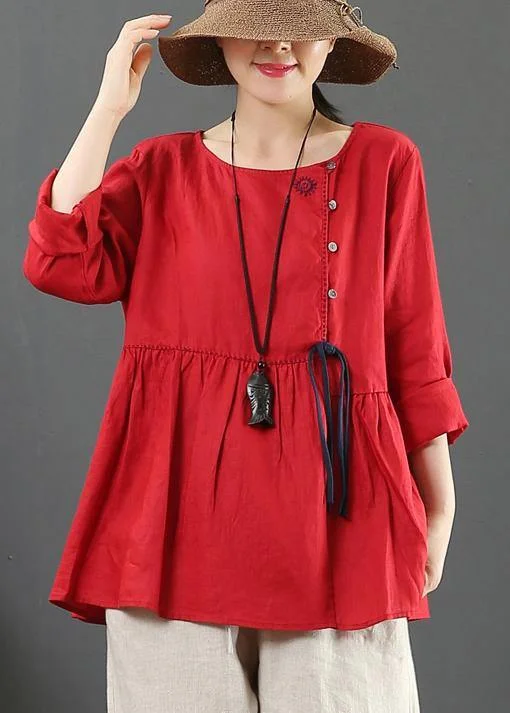 Cozy Comfort DIY O Neck Cinched Spring Shirts Women Sewing Red Top