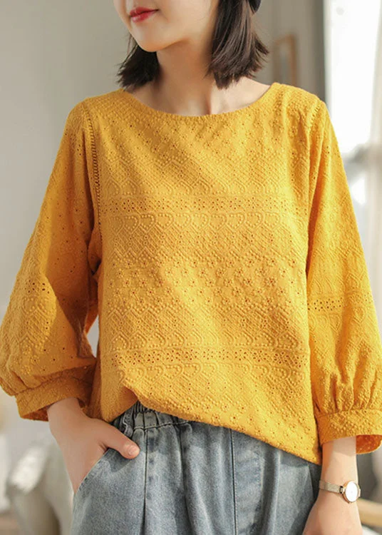 Soft Looks DIY Yellow fashion Hollow Out Embroideried Fall Long sleeve Tops