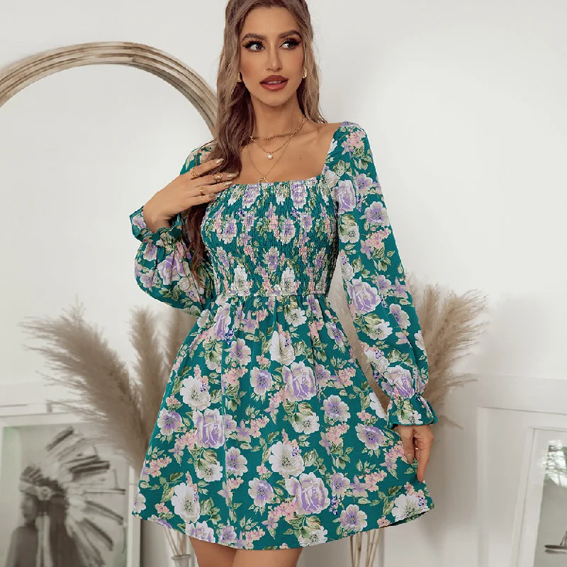 Cozy Wear Sexy Square Neckline Floral Design Women Mini Dresses