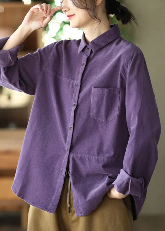 Chic and Cozy Unique Purple Peter Pan Collar Button Patchwork Corduroy Blouses Spring Chic and Cozy Unique Purple Peter Pan Collar Button Patchwork Corduroy Blouses Spring