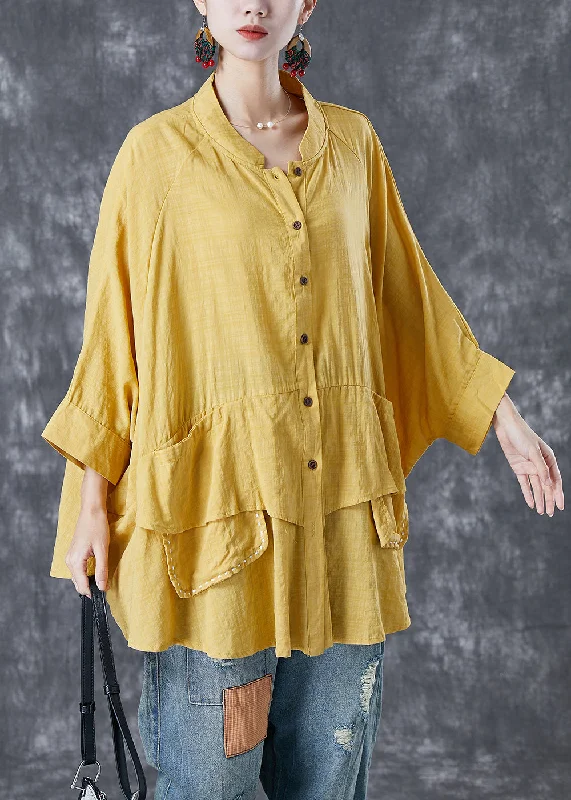Sporty Look French Yellow Oversized Patchwork Linen Shirts Batwing Sleeve