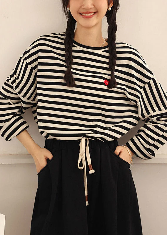 Everyday Fashion Casual Beige Black Striped O-Neck Cozy Cotton T Shirts Spring
