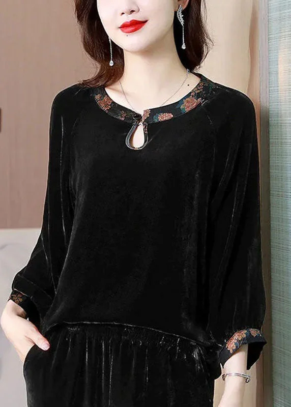 Comfortable Outfits Chic Black O Neck Patchwork Silk Velour Shirts Top Spring
