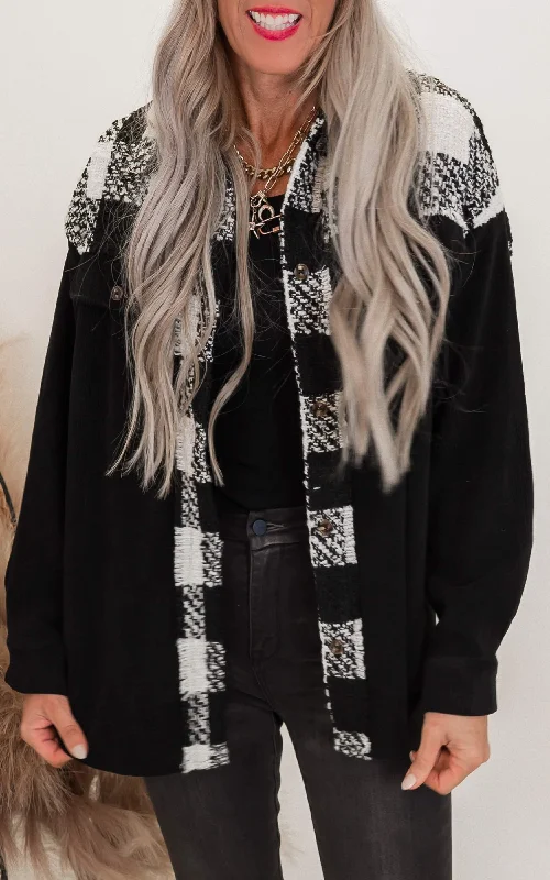 Minimal Outfits Black Buffalo Plaid Color Block Woven Shacket - Final Sale