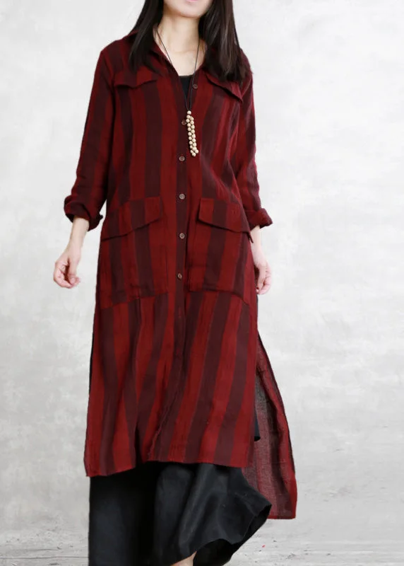 Soft Texture Stylish Dark Red Peter Pan Collar Striped Button Side Open Low High Design Long Shirts Spring