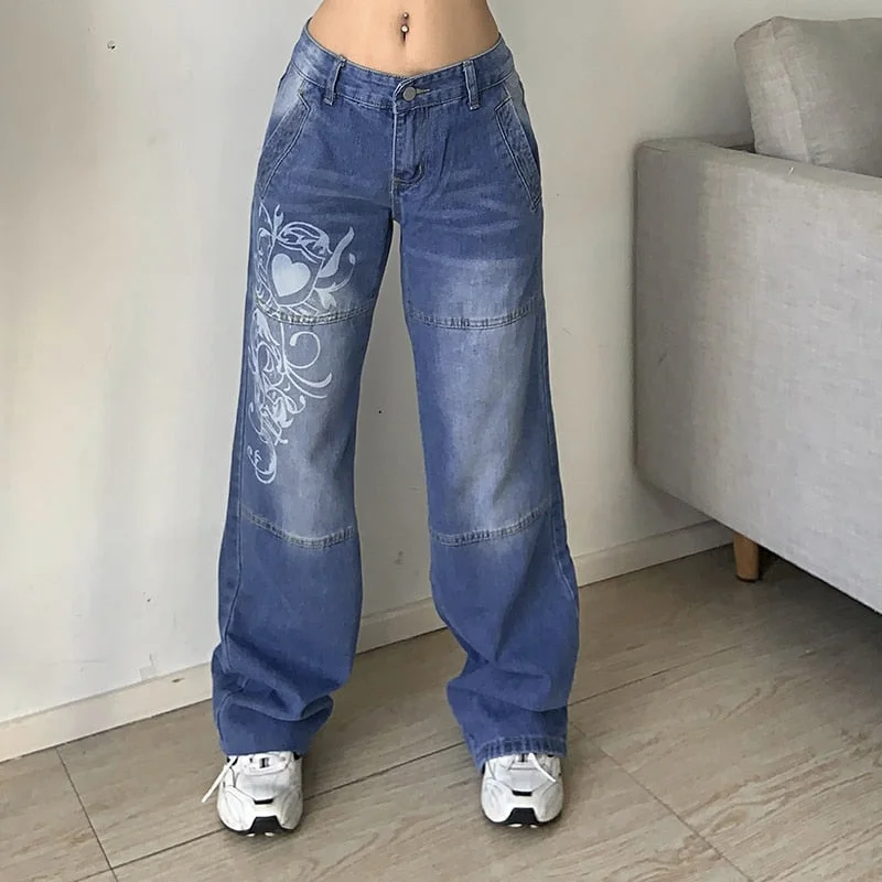 Smart Casual DressBetty - Y2K Jeans Low Rise Trousers Blue Vintage Gothic Print Baggy Casual Wide Leg Denim Aesthetic