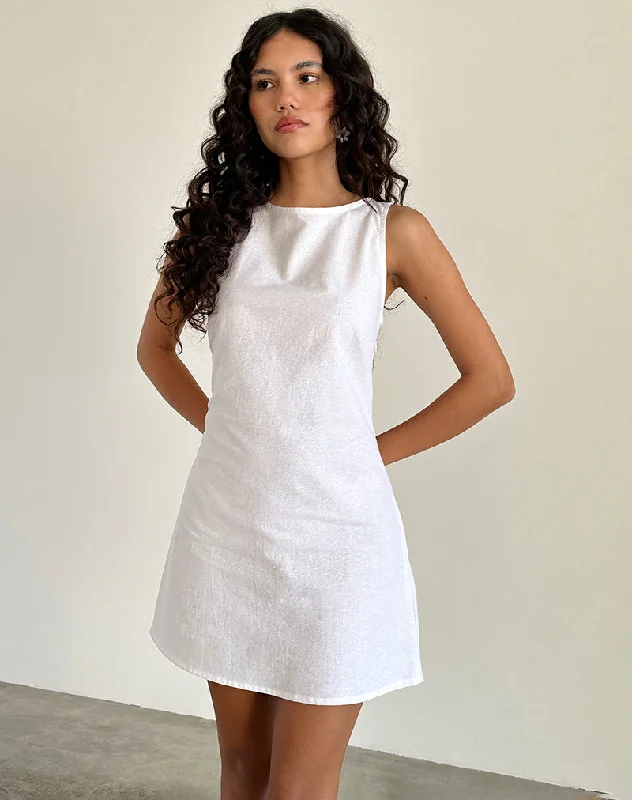 Comfortable Jeans Ayana Open Back Mini Dress in Off White Linen