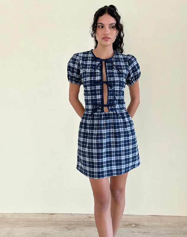 Unique Personality Byan Tie Front Dress in Tartan Dark Blue