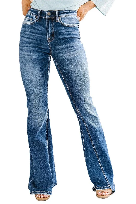Personalized Street Style Blue Medium Wash High Rise Flare Jeans