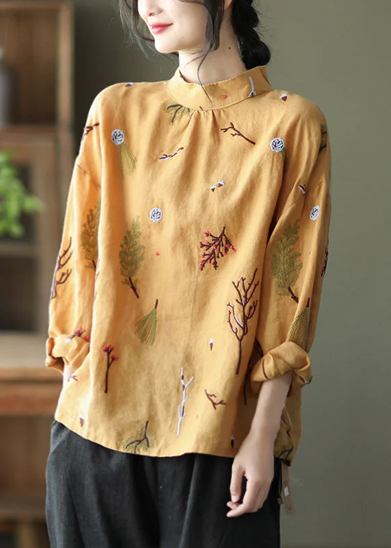 Soft Fit Yellow Stand Collar Button Linen Top Spring