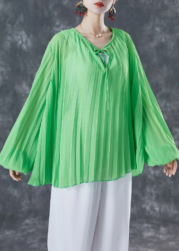 Smart Casual Style Green Oversized Wrinkled Lace Up Chiffon Blouse Top Lantern Sleeve Smart Casual Style Green Oversized Wrinkled Lace Up Chiffon Blouse Top Lantern Sleeve