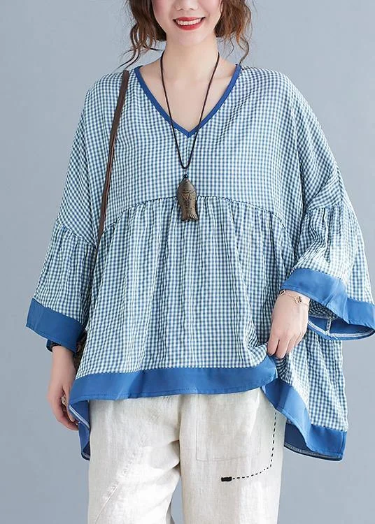 Stylish Comforts Fine Blue Plaid Patchwork flare sleeve Top Spring Summer