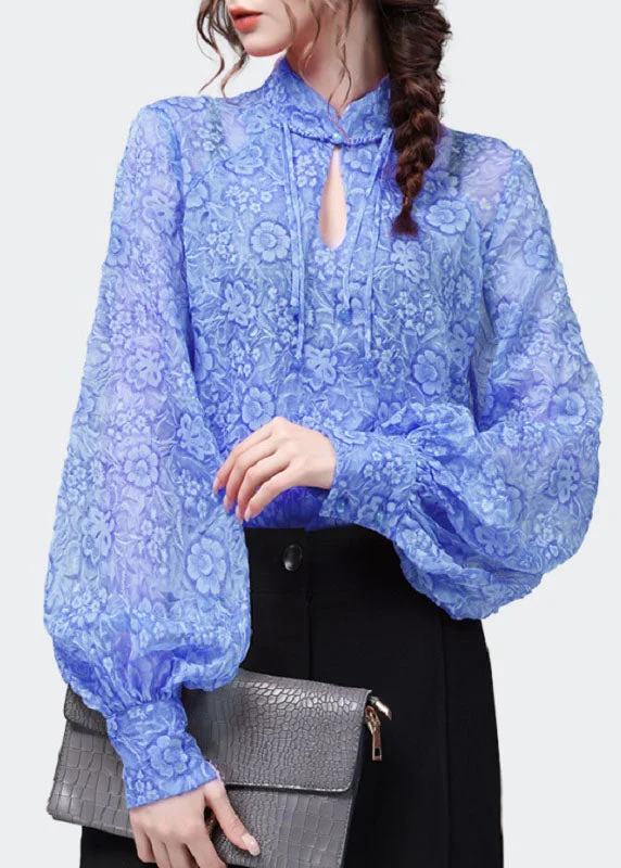 Cool Style Blue Print Patchwork Chiffon Top Stand Collar Lantern Sleeve