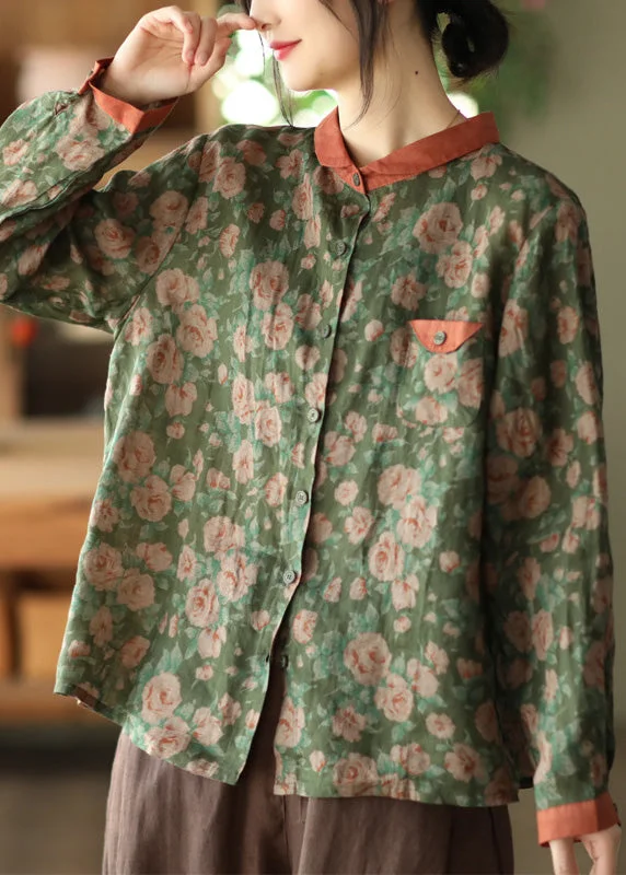 Stylish Comfort Classy Green Peter Pan Collar Print Button Ramie Top Spring