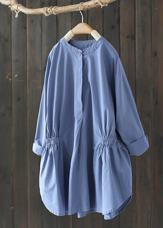 Bold Style Simple Baby Blue O-Neck Wrinkled Button Solid Shirts Long Sleeve