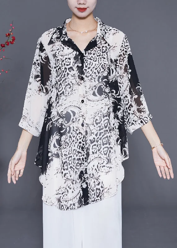 Modern Looks White Print Chiffon Shirt Top Oversized Bracelet Sleeve