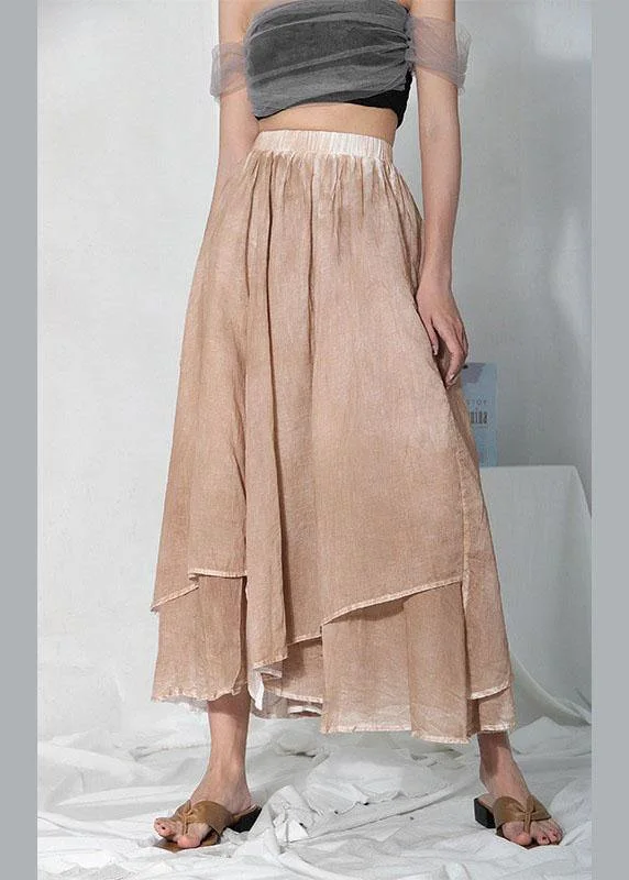 Daily Comfort Simple Khaki Elastic Waist Asymmetrical design Skirt Cotton Linen