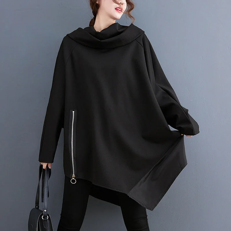 Daily Comfort Black Pullover Long Sleeves Irregular Hoodies for Women