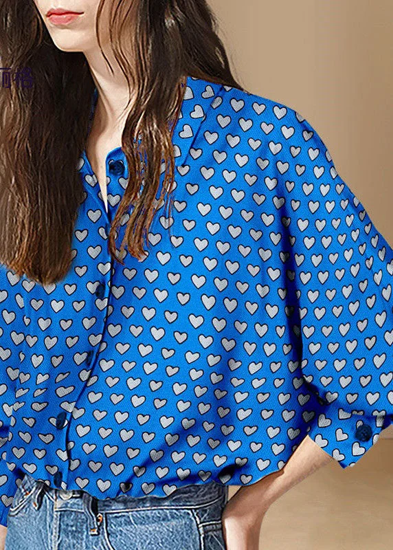 Soft Textiles Women Blue Peter Pan Collar Heart Print Patchwork Cotton Shirt Tops Spring Soft Textiles Women Blue Peter Pan Collar Heart Print Patchwork Cotton Shirt Tops Spring