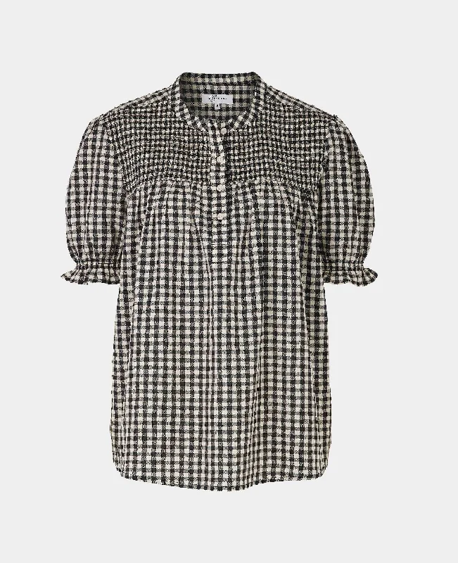 Cool Comforts Black Gingham Check Smocked Short Sleeve Seersucker Women's Shirt