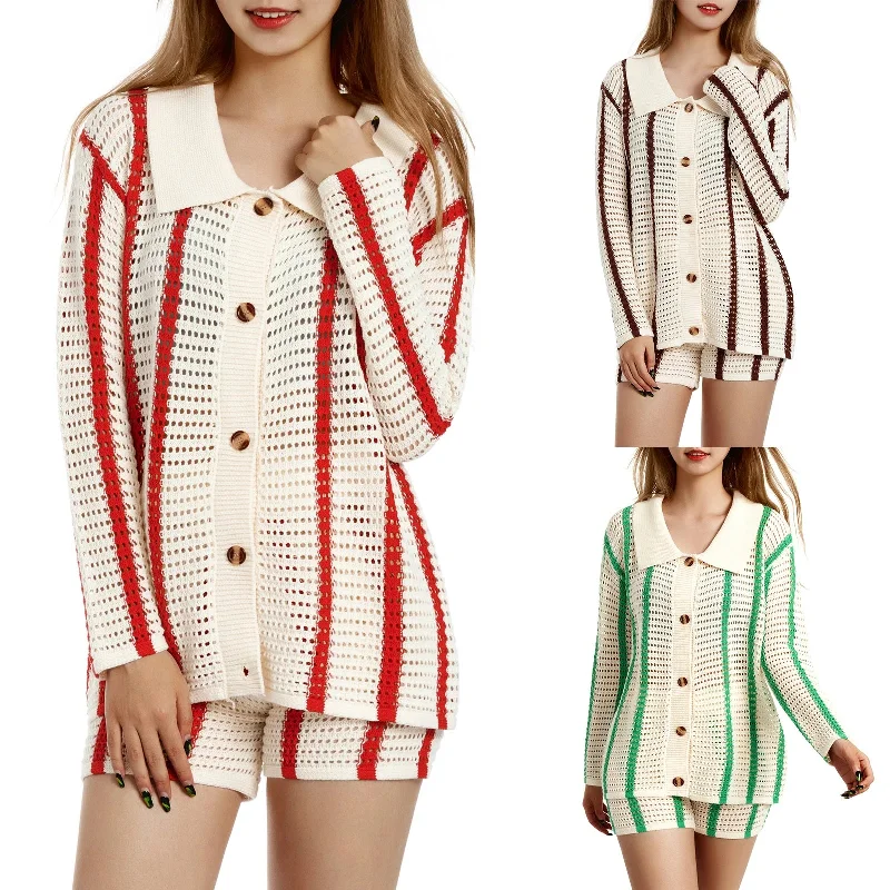 Cozy Fits Women Striped Knitted Shirts Tops Cardigan with Shorts Button Decoration Loose Streetwear Fashion Clothes Set Female Clothing Cozy Fits Women Striped Knitted Shirts Tops Cardigan with Shorts Button Decoration Loose Streetwear Fashion Clothes Set Female Clothing