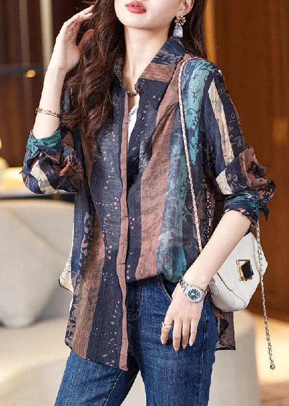 Laidback Style Boho Navy Peter Pan Collar Print Button Shirt Long Sleeve