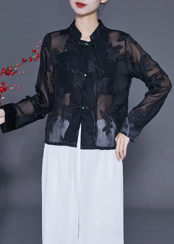 Chic Style Vintage Black Embroideried Chinese Button Tulle Shirt Tops Summer