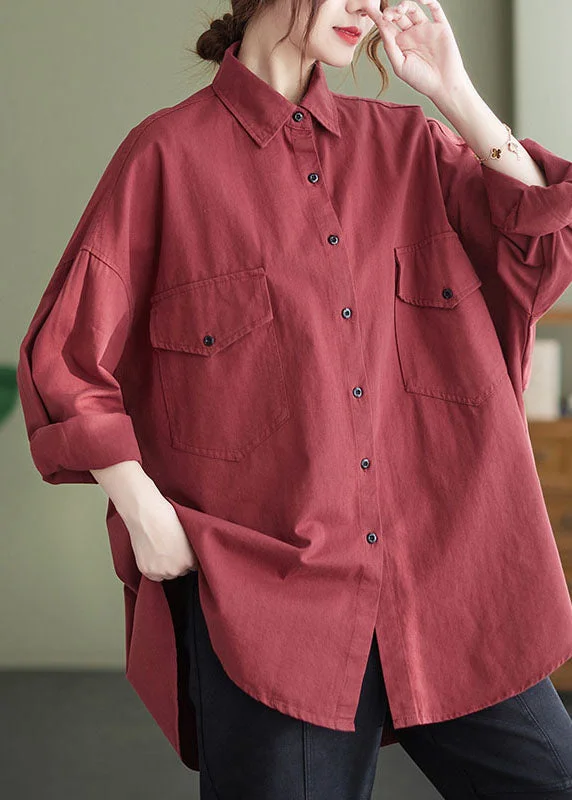 Chill Style Loose Red Peter Pan Collar Patchwork Cotton Shirts Top Long Sleeve