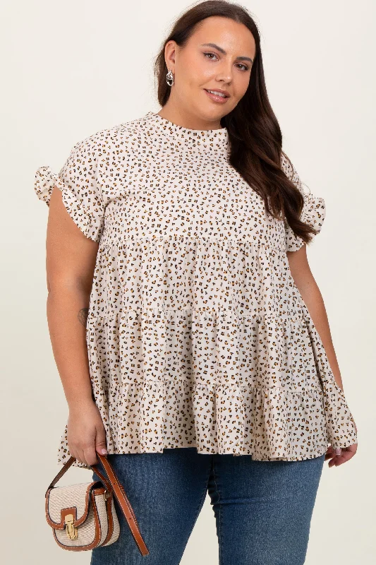 Casual Fashion Ivory Animal Print Tiered Plus Top