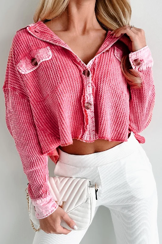 Chic Style Promise Of Fall Acid Wash Waffled Crop Shacket (Fuchsia)