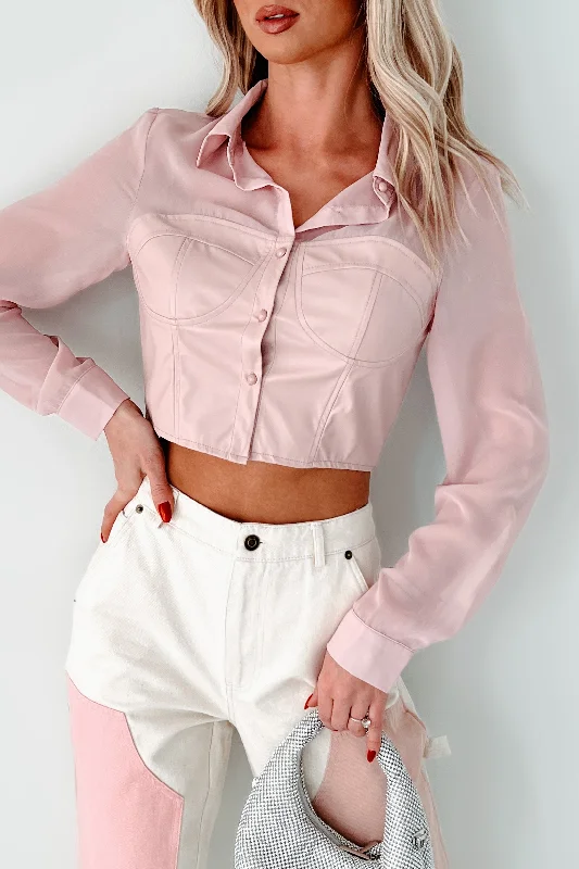 Comfortable Layering Sheer Passion Faux Leather Blouse (Pink)