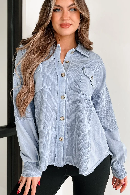 Versatile Looks Past & Present Vintage Wash Waffle Shacket (Blue)