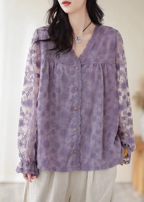 Classic Comfort Boutique Purple V Neck Embroideried Patchwork Lace Top Long Sleeve