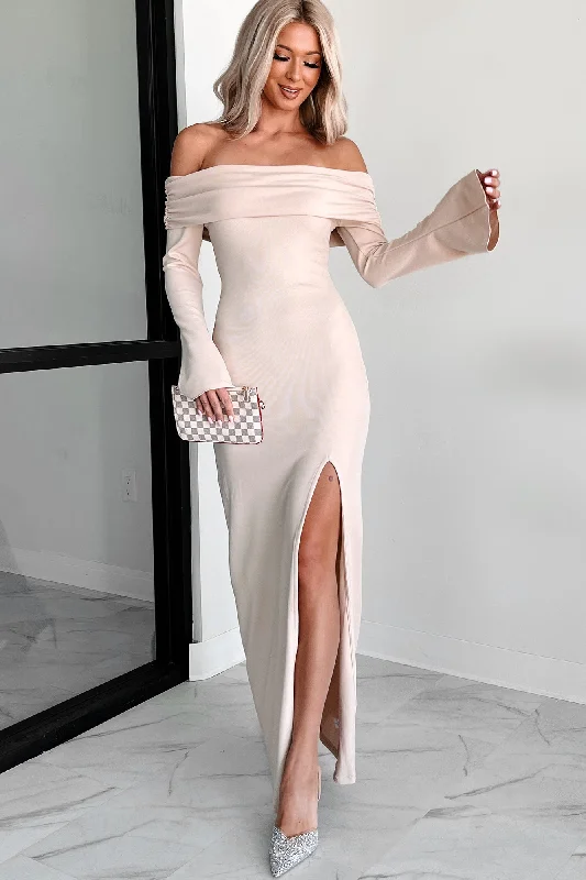 Classy Outfits Cue The Drama Off The Shoulder Maxi Dress (Beige)