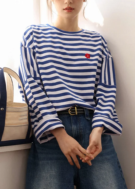 Simple Comfort Blue White Striped Embroideried Loose Cotton Top Long Sleeve